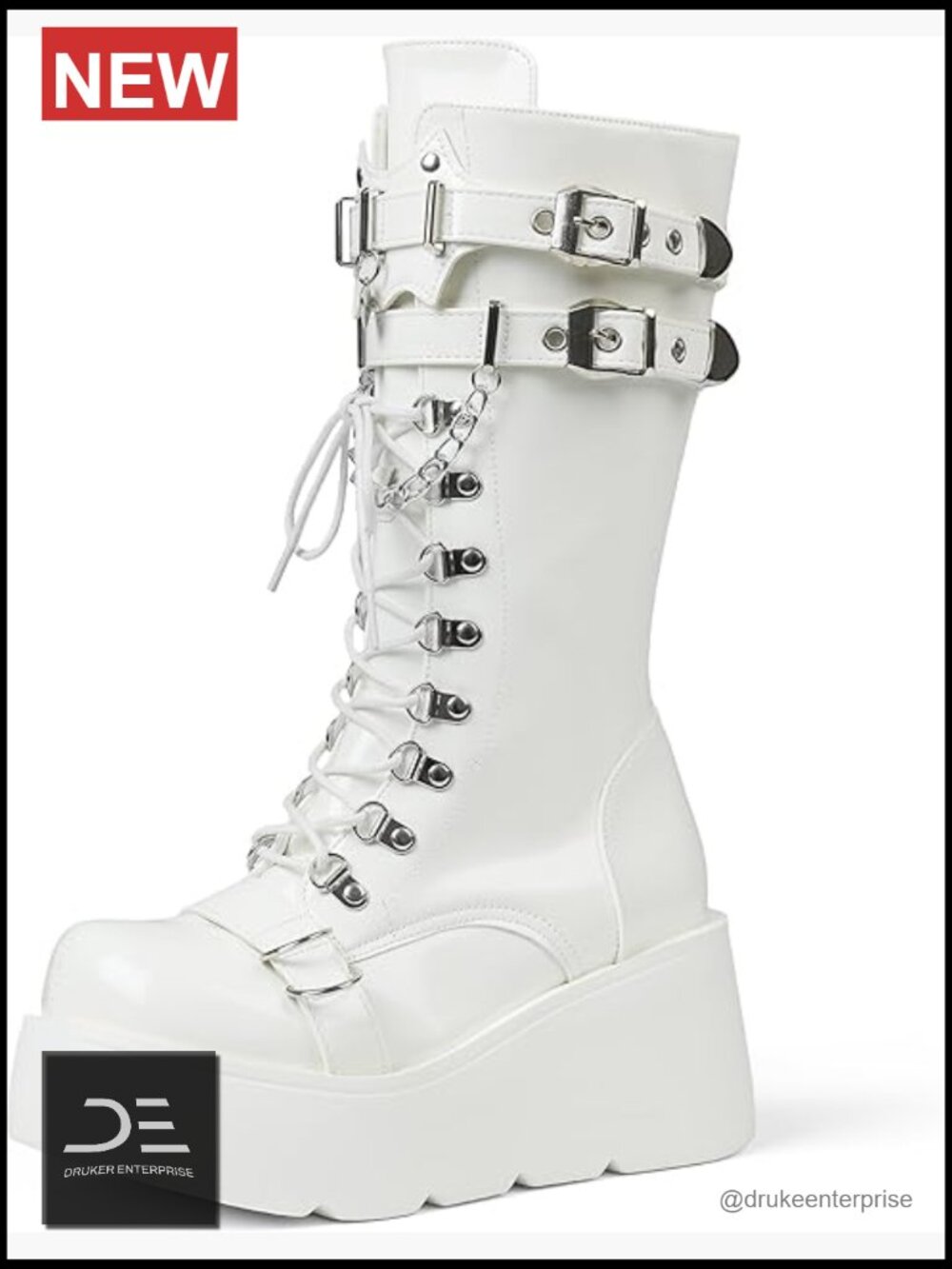 Wedge Combat Boots Chunky Heel Lace Up Mid Calf Punk Motorcycle Shoes